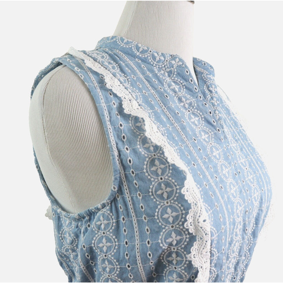 Ann Taylor Size L Chambray Lace Tie Front Top Peplum Sleeveless Blue - Picture 7 of 10